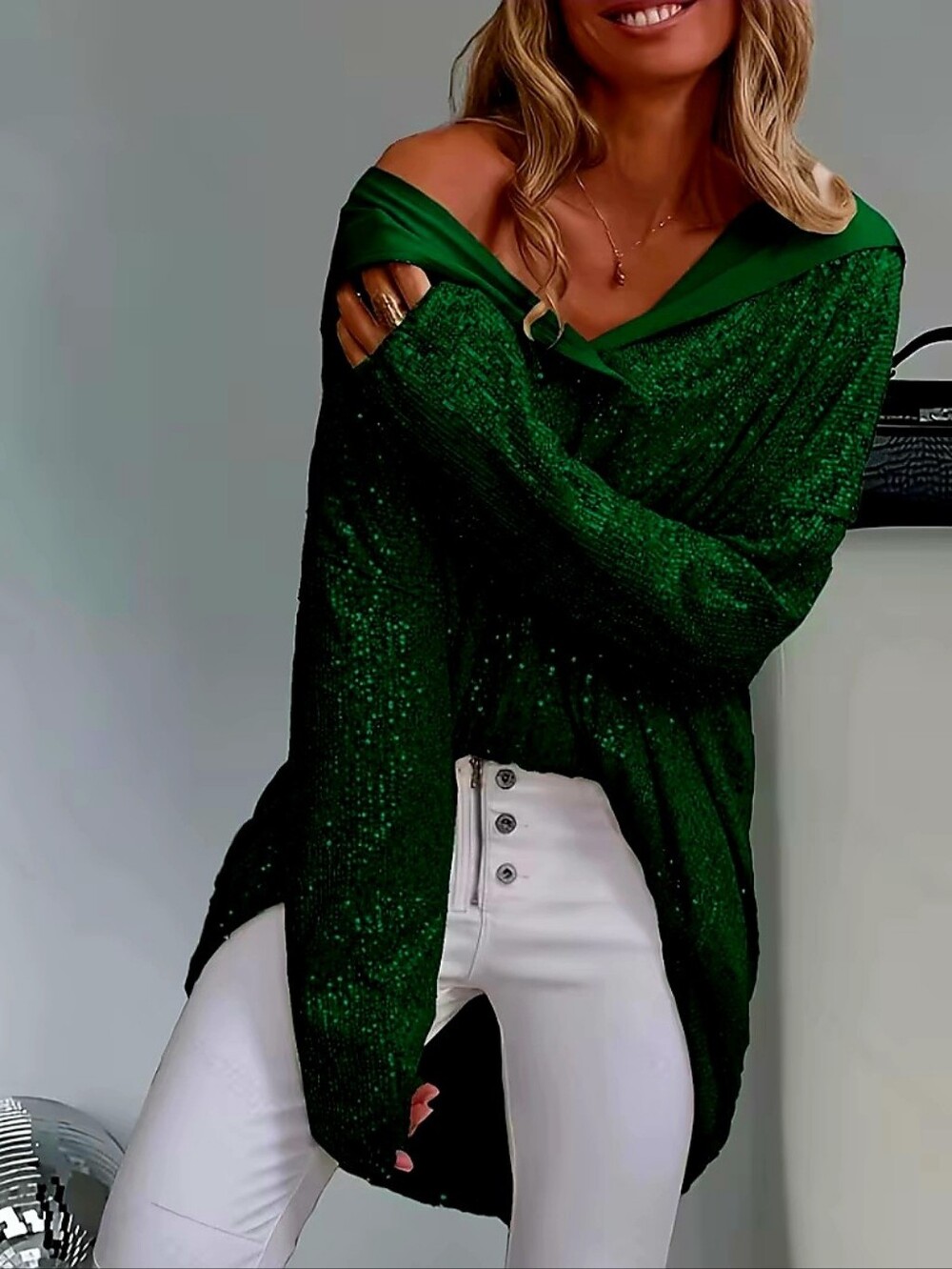 Beautiful Green Sequin Sparkly V-Neck Hoodie Tunic Top